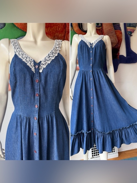 Gunne Sax Dresses & Skirts - Vintage GUNNE SAX Dark Denim Sundress Dress Midi Size 13 Full Skirt Prairie Blue